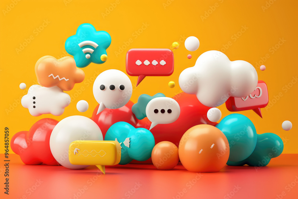 Poster brightly colored speech bubbles and chat icons fill the space, representing vibrant digital communic