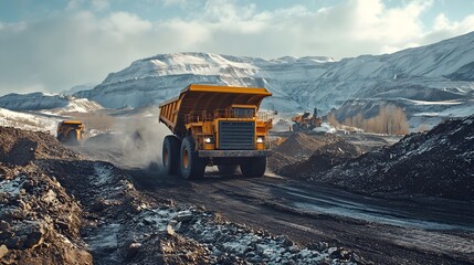 Naklejka premium A massive coal truck navigating a rugged dirt road in a mining site, with the landscape of rocky terrain and other equipment in the distance.