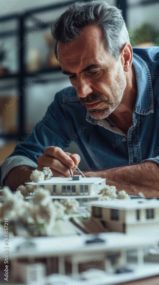 Poster a focused architect shapes intricate details on a architectural model surrounded by design elements 