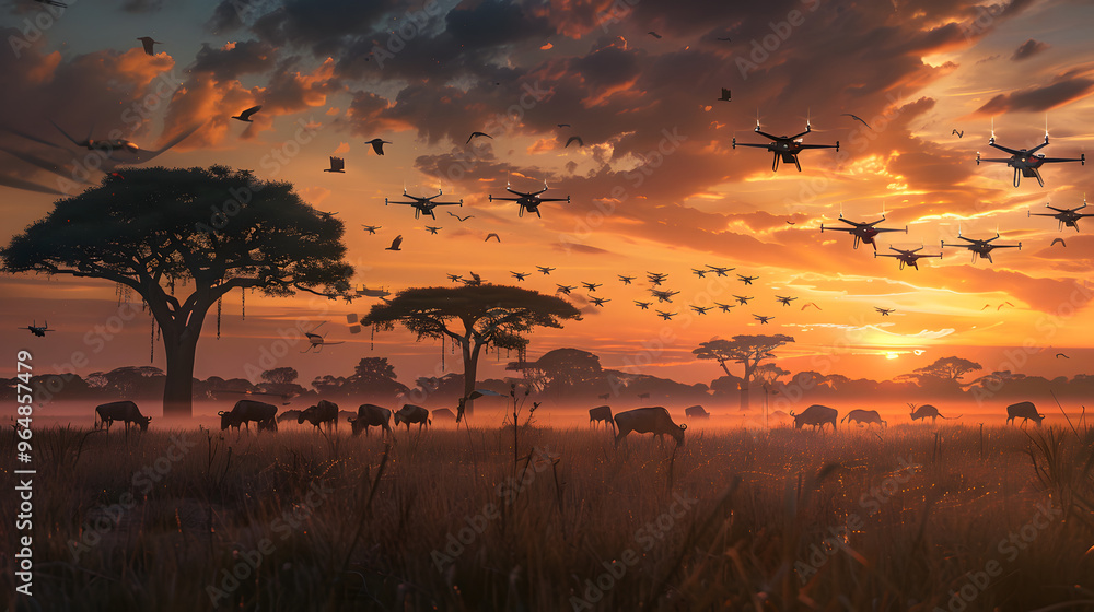 Poster savanna at sunset where acacia trees transform into towering antennas and migrating herds morph into