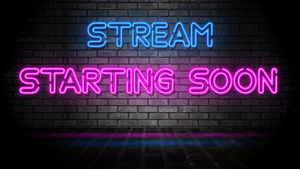 Neon Stream Starting Soon, Retro Brick Wall Background	
