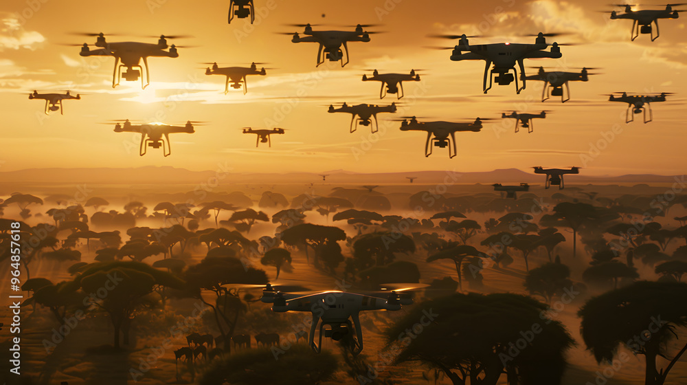 Poster savanna at sunset where acacia trees transform into towering antennas and migrating herds morph into
