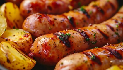Close-up of grilled German sausages with potatoes, highlighting rich textures and flavors, perfect