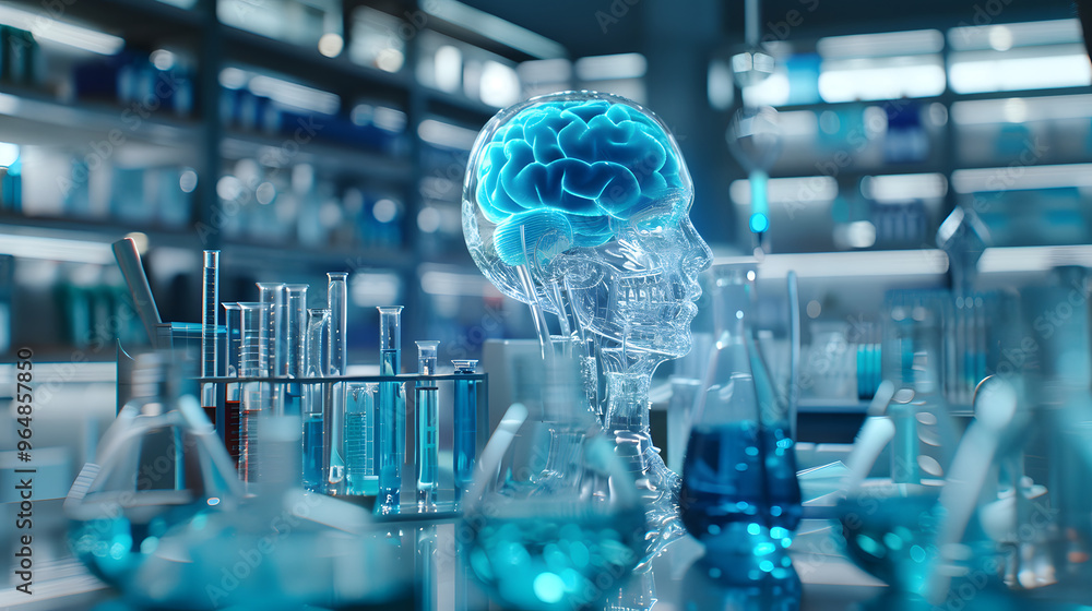 Poster scientist's cranium filled with test tubes and formulas and laboratory environment