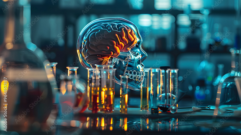 Poster scientist's cranium filled with test tubes and formulas and laboratory environment