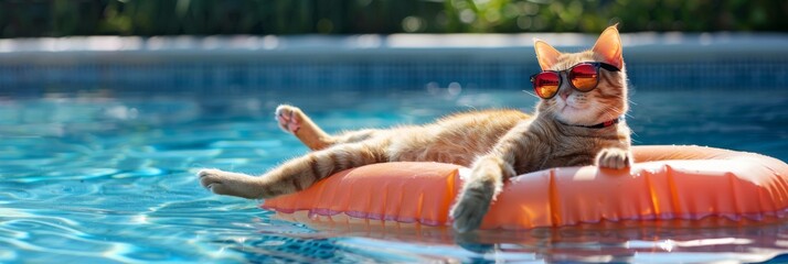 Comical scene of a cat lounging on an inflatable mattress in a pool, wearing trendy sunglasses