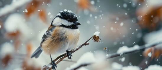 Naklejka premium A Selective Focus Shot Of A Black Capped Chickadee Perched On A Metallic Construction