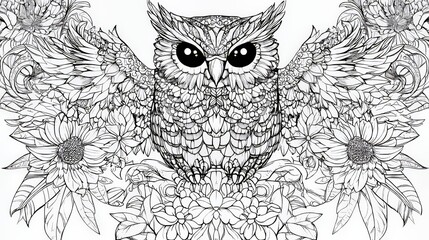 Fototapeta premium Colorable owl illustration surrounded by flowers