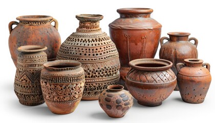 Vintage antique brown Indian pots, isolated PNG format against a transparent or white background