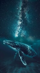 Fototapeta premium big glowing whale swimming in the night sky in Milky Way.