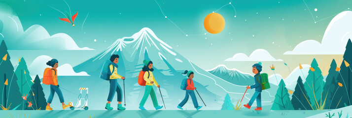 Obraz premium A group of five people enjoy a hike in a picturesque mountain area filled with evergreen trees and clear skies
