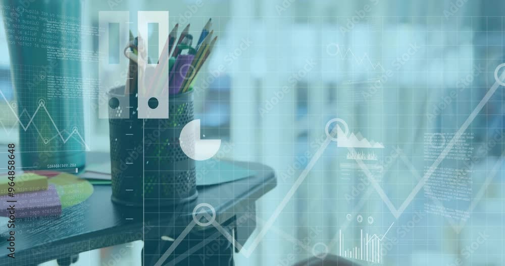 Aufkleber animation of financial data processing over desk with computer in office