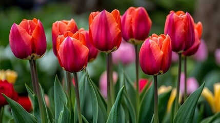 Red tulips with colorful leaves called 'Fusilier' bloomed in a garden in March.