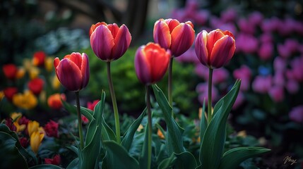 Red tulips with colorful leaves called 'Fusilier' bloomed in a garden in March.