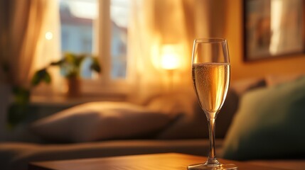 Single champagne flute in cozy interior. Champagne background