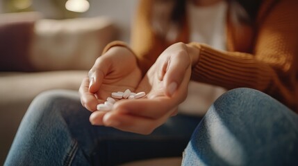 Obraz premium Close up of woman's hand showing a few pills, emphasizing the importance of medication in her daily routine.