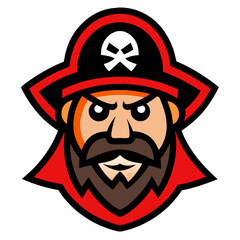 Pirate Captain Mascot: A fierce and determined pirate captain with a skull and crossbones on his hat. This bold, cartoon-style mascot is perfect for branding, team logos, or any project needing a touc