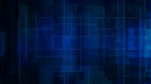 Floating through cyberspace with animated dark blue squares and moving connect lines on dark background. Abstract geometrical futuristic effect for techno title screen or business presentation cover.
