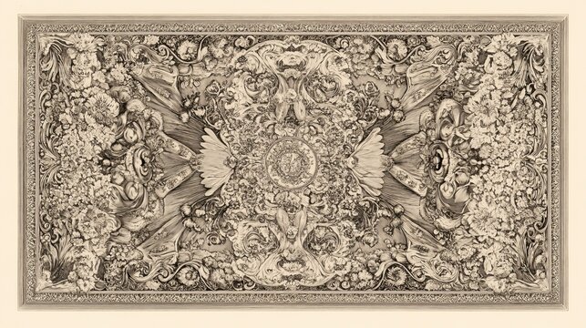 The line art illustration depicts an antique decorative design suitable for weddings featuring acanthus foliage, scroll ornaments, floral patterns, and scroll ornaments.