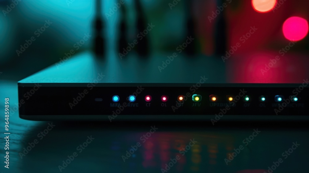 Poster Close-up of a Modem with Lit Indicator Lights