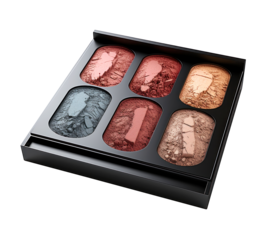 palette of cosmetic product with a square box containing eyeshadows in various natural colors.