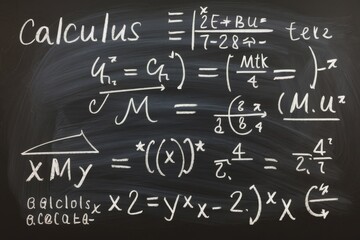 Math equations in white chalk on dark chalkboard background, focusing on calculus and algebra problems - academic education, mathematical problem-solving, scientific research