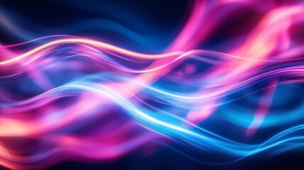 Naklejka premium Featuring vibrant color graphic design elements, this abstract geometric background showcases a blue gradient with neon light curved lines and shapes