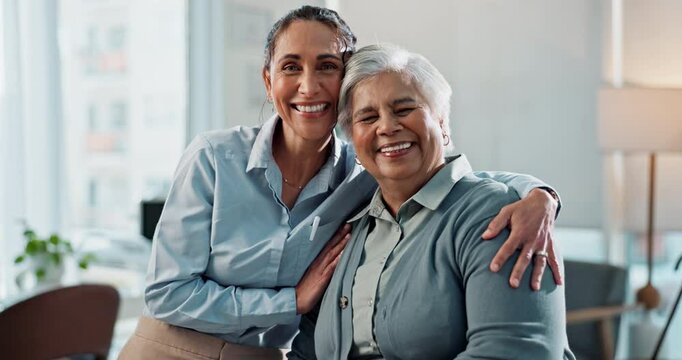 Happy women, lawyer and hug with support for retirement, pension or financial services at office. Portrait, female person and senior smile with advisor for embrace, annuity fund or investment plan