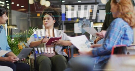 Animation of financial data processing over diverse creative business people in office - Powered by Adobe