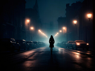 Silhouette of a single woman walking alone at night, dark noir city streets dim lights of lamps