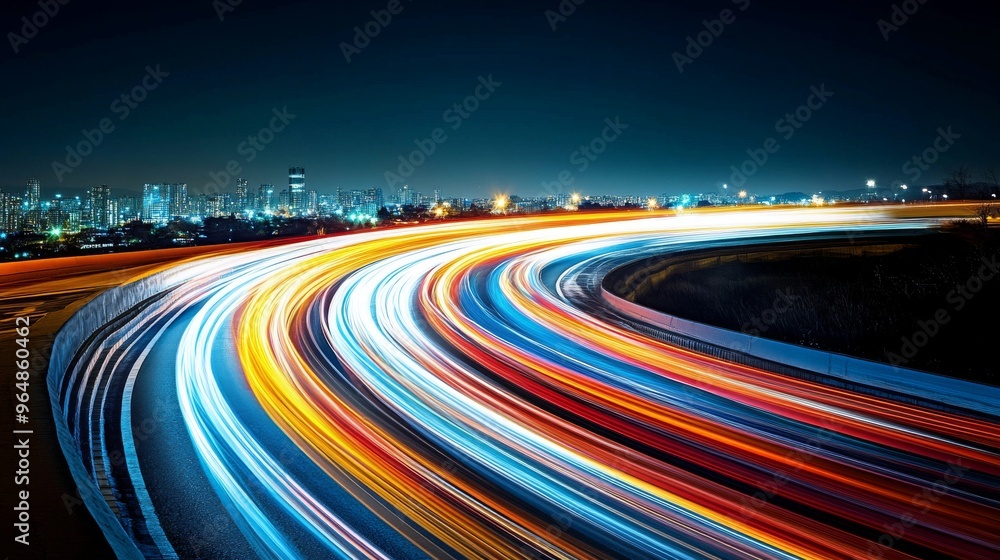Poster The glowing lines produced by the colorful light trails captured during a long exposure create an abstract motion effect