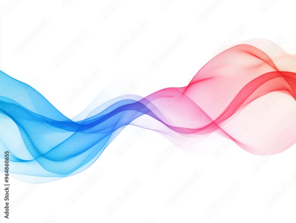 Poster a rectangular gradient in blue and red with geometric line art featuring dynamic waves against a whi