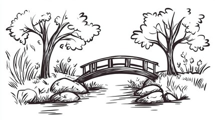 Detailed illustration of an overpass over a river with a road on either side