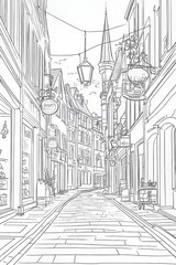 Drawing of a vibrant shopping street featuring local shops popular with youth and known for its cultural and artistic appeal
