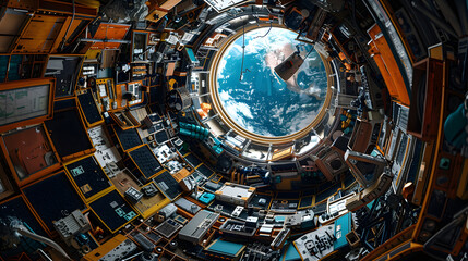 Obraz premium Space station recycling unit. Astronauts converting space junk into useful resources and with Earth visible through a window. 