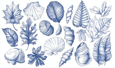 Fototapeta premium Line art illustration with ornamental leaves, snails, dashed lines, and labels