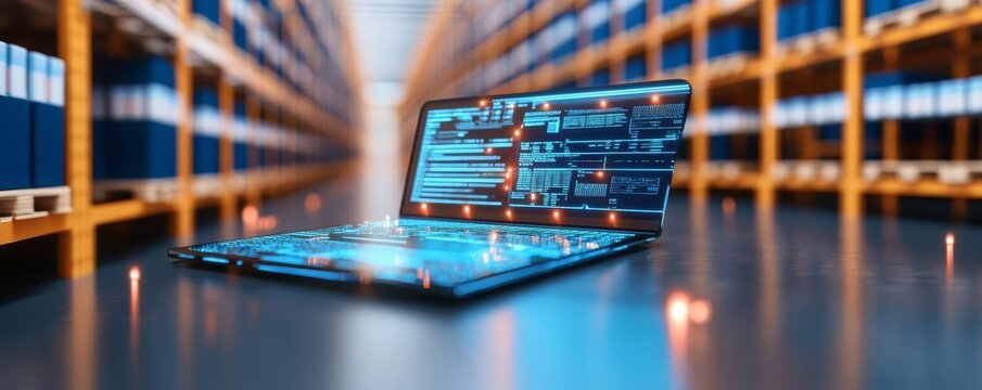 AI algorithms visualized optimizing warehouse storage, smart inventory management