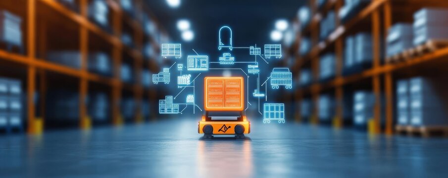 AI algorithms visualized optimizing warehouse storage, smart inventory management