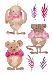 Set of animals and watercolor branches. Animals with pink bows: koala, tiger and hare. Isolated illustrations. Holiday set, great design for any purpose