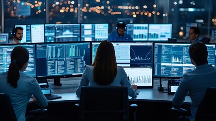 AI-driven supply chain command center with diverse teams monitoring multiple screens, integrated analytics