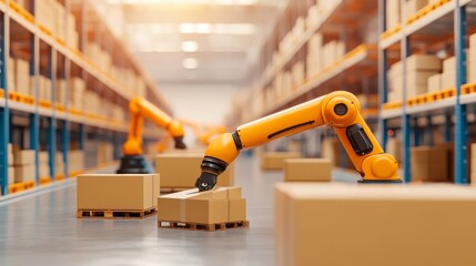 Fototapeta premium Automated warehouse, robotic arms sorting packages, 3D illustration