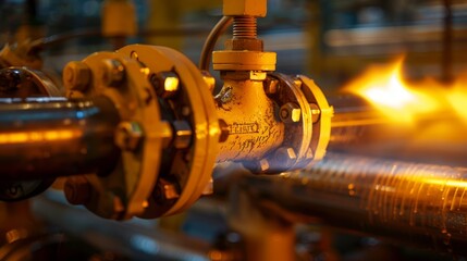gas pipe with open yellow valve and burning gas burner, double exposure of natural gas use -
