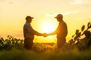 Two farmers shaking hands in soybean field. Silhouettes.