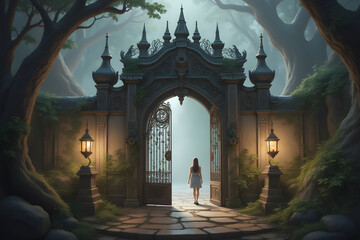 Fototapeta premium Woman at Mysterious Ornate Gate in Forest