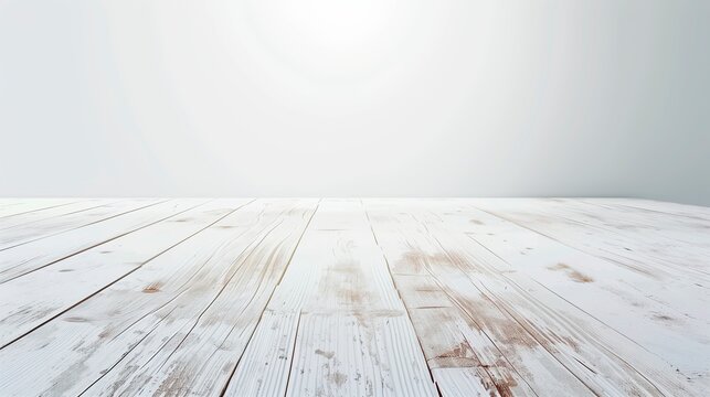 A light, weathered white wooden surface with a retro, vintage appeal, captured from a perspective that highlights texture. Ideal for product displays, photo editing, or enhancing presentation visuals.
