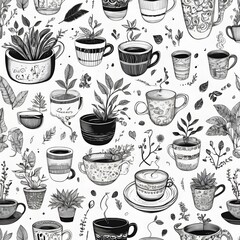 seamless pattern coffee cups and palnt pots