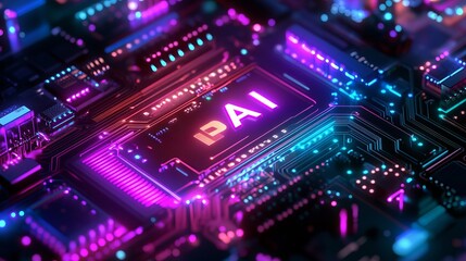Obraz premium The picture shows a circuit board with colorful glowing tracks. These tracks connect to a central processing unit, and the letters 