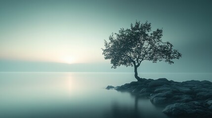 Solitary Tree on a Misty Lake at Dawn