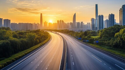 Fototapeta premium The sun rises over Guangzhou, painting the modern city skyline in golden light. Below, a wide asphalt highway stretches out, leading into the heart of the bustling metropolis.