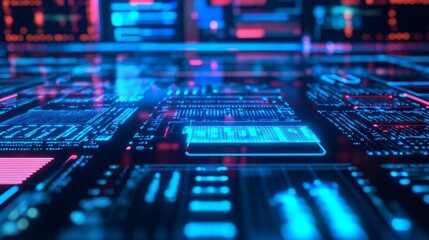 Digital twin technology, supply chain simulation, holographic displays, blue neon glow